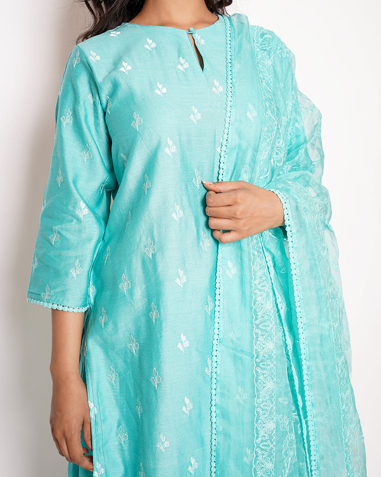 Aqua Blue Chanderi Unstitched Suit With Contrast Dupatta main image 0