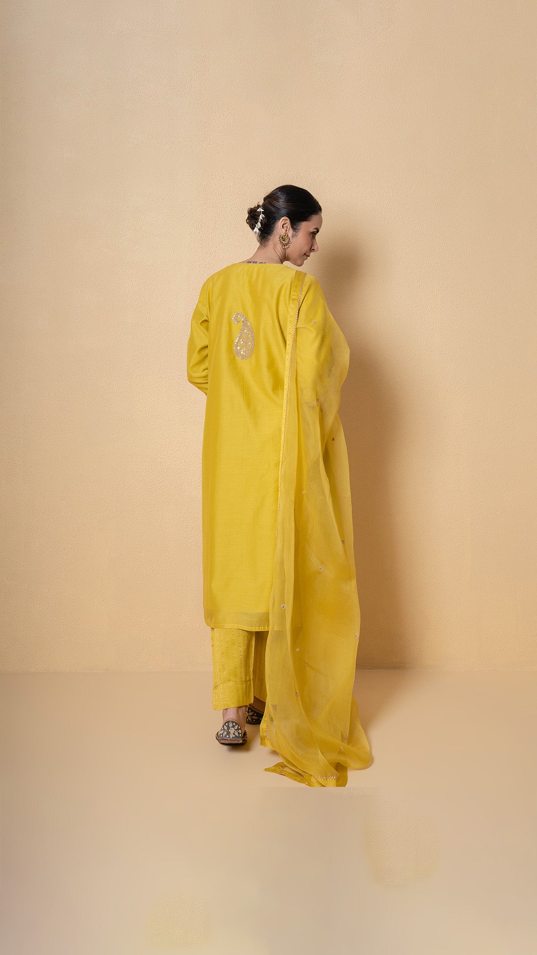 Bright Amber Marori Work Yellow Chanderi Suit Set