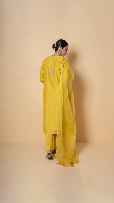 Bright Amber Marori Work Yellow Chanderi Suit Set
