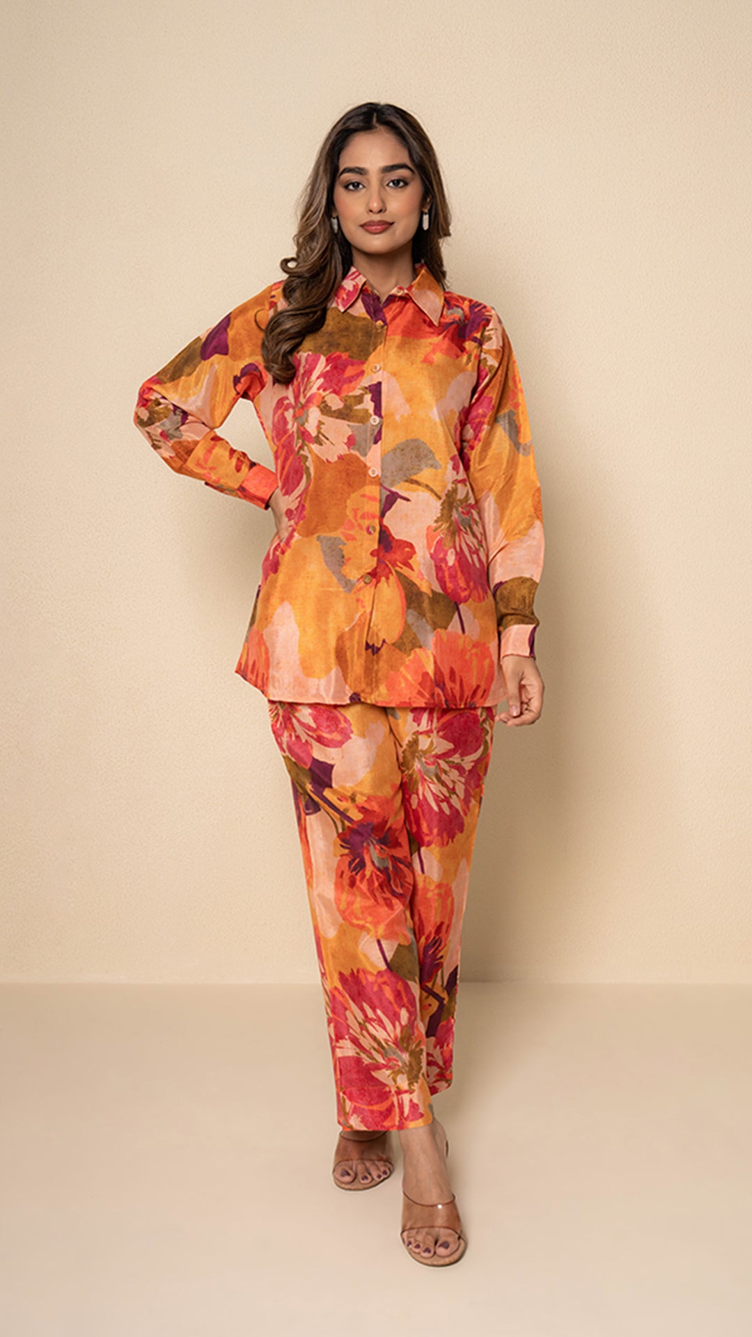 Coral Amber Floral Digital Print Bamboo Silk Co-ord Set