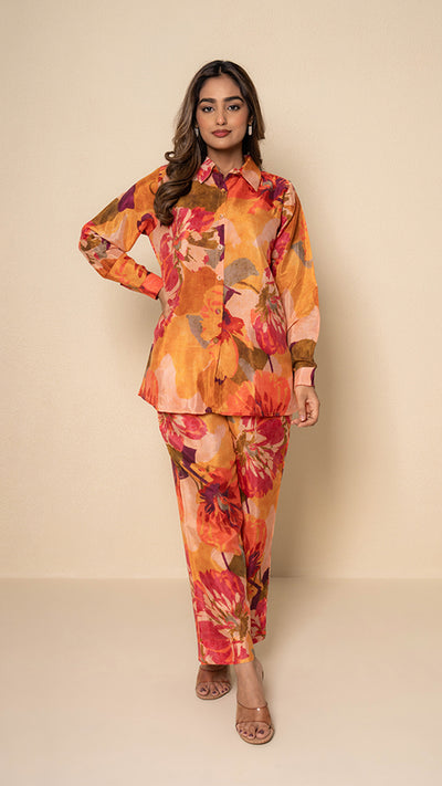 Coral Amber Floral Digital Print Bamboo Silk Co-ord Set