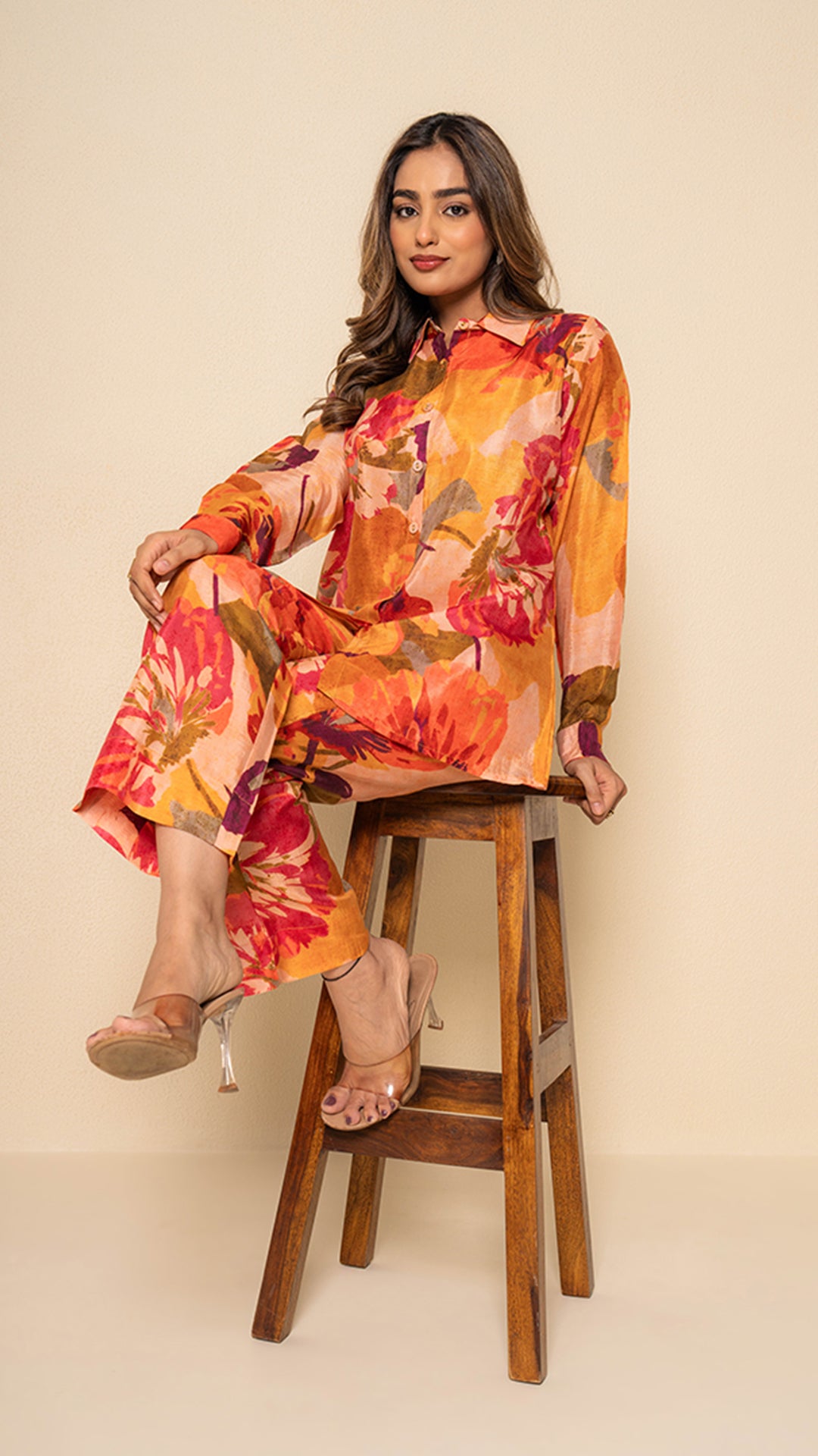 Coral Amber Floral Digital Print Bamboo Silk Co-ord Set