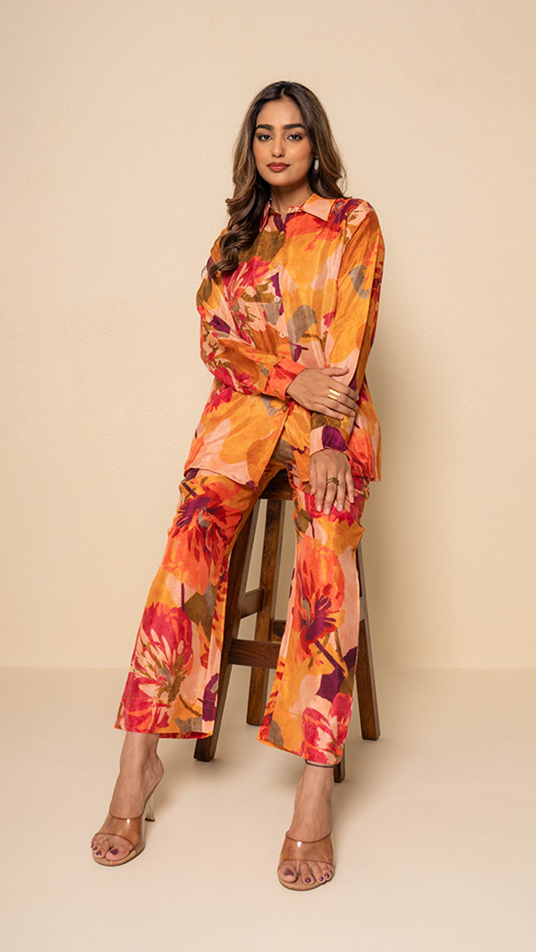 Coral Amber Floral Digital Print Bamboo Silk Co-ord Set