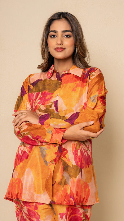 Coral Amber Floral Digital Print Bamboo Silk Co-ord Set