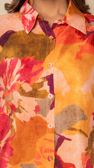 Coral Amber Floral Digital Print Bamboo Silk Co-ord Set