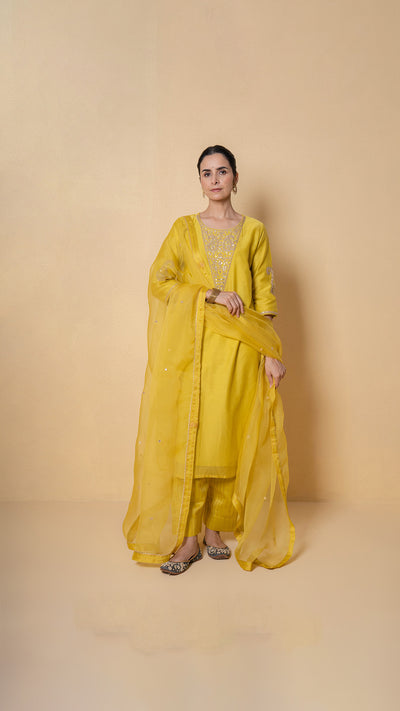 Bright Amber Marori Work Yellow Chanderi Suit Set