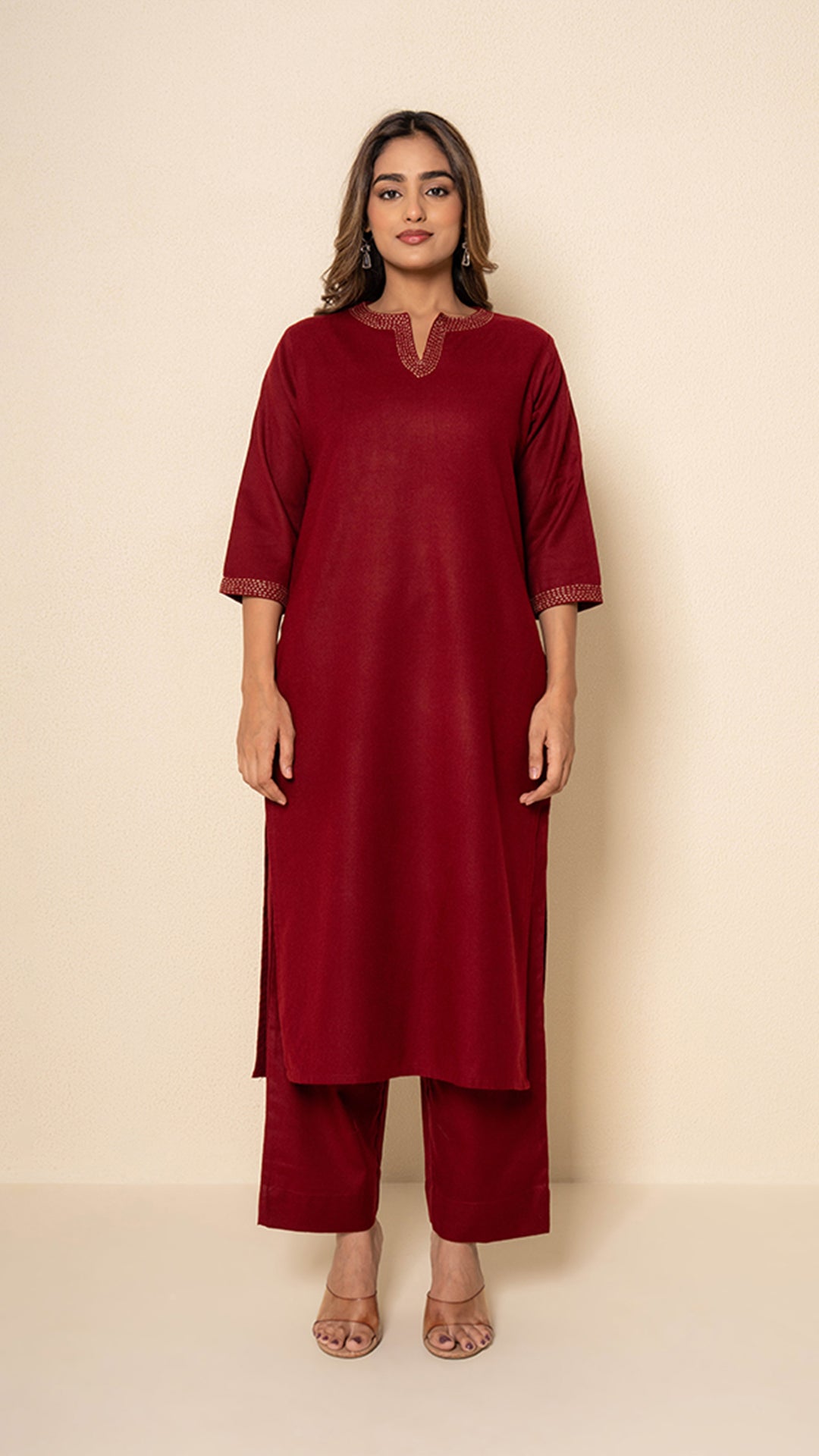 Deep Amber Wool Red Maroon Kurta Set