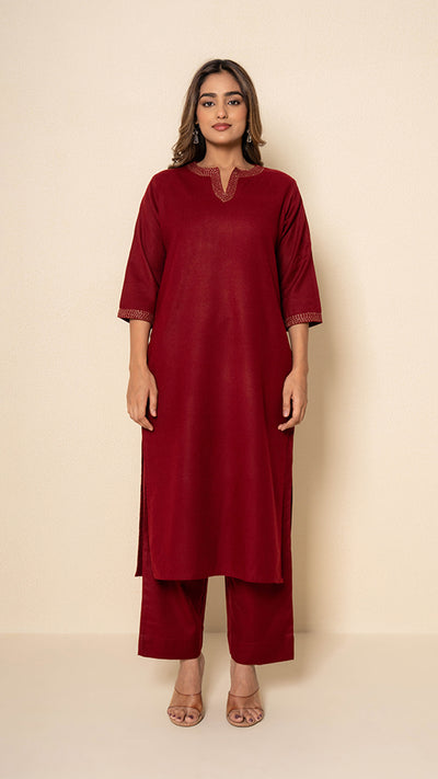 Deep Amber Wool Red Maroon Kurta Set
