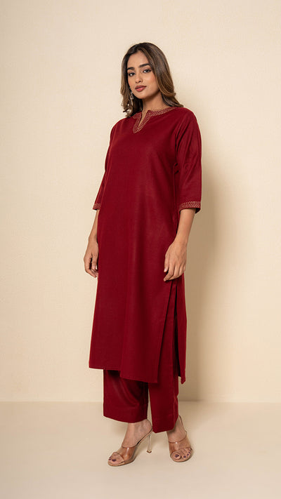 Deep Amber Wool Red Maroon Kurta Set