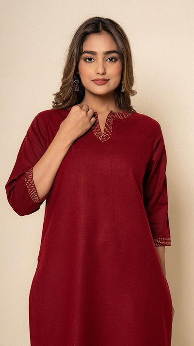 Deep Amber Wool Red Maroon Kurta Set