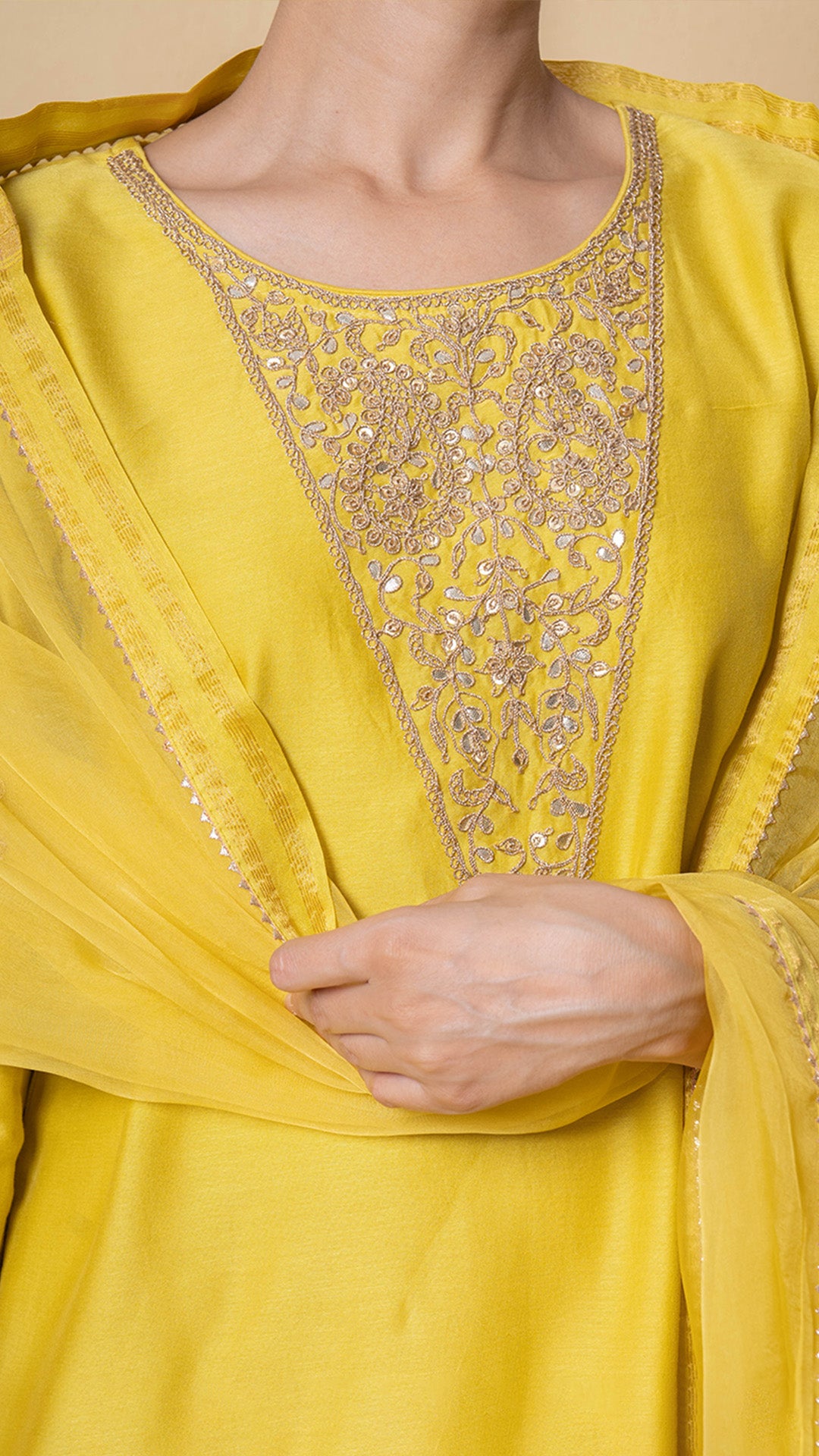 Bright Amber Marori Work Yellow Chanderi Suit Set