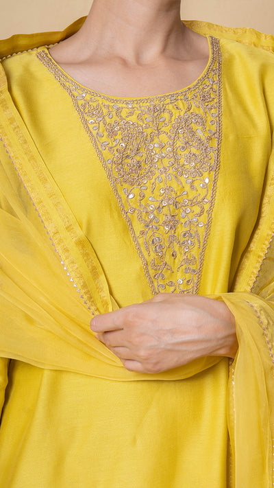 Bright Amber Marori Work Yellow Chanderi Suit Set