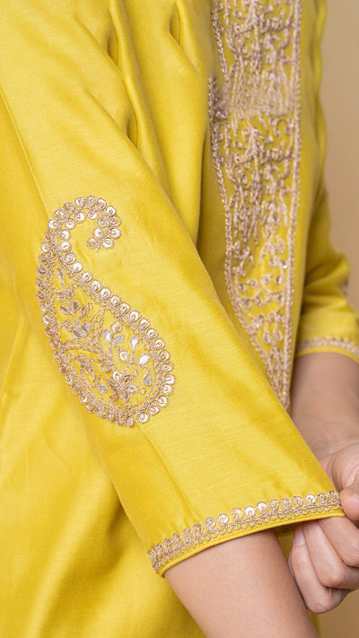 Bright Amber Marori Work Yellow Chanderi Suit Set