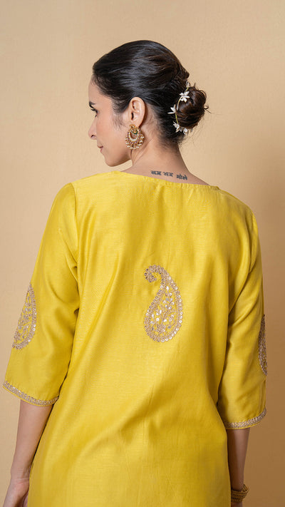 Bright Amber Marori Work Yellow Chanderi Suit Set