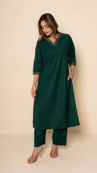 Emerald Dusk Wool Green Kurta Set