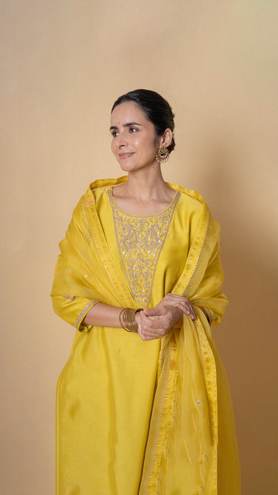 Bright Amber Marori Work Yellow Chanderi Suit Set
