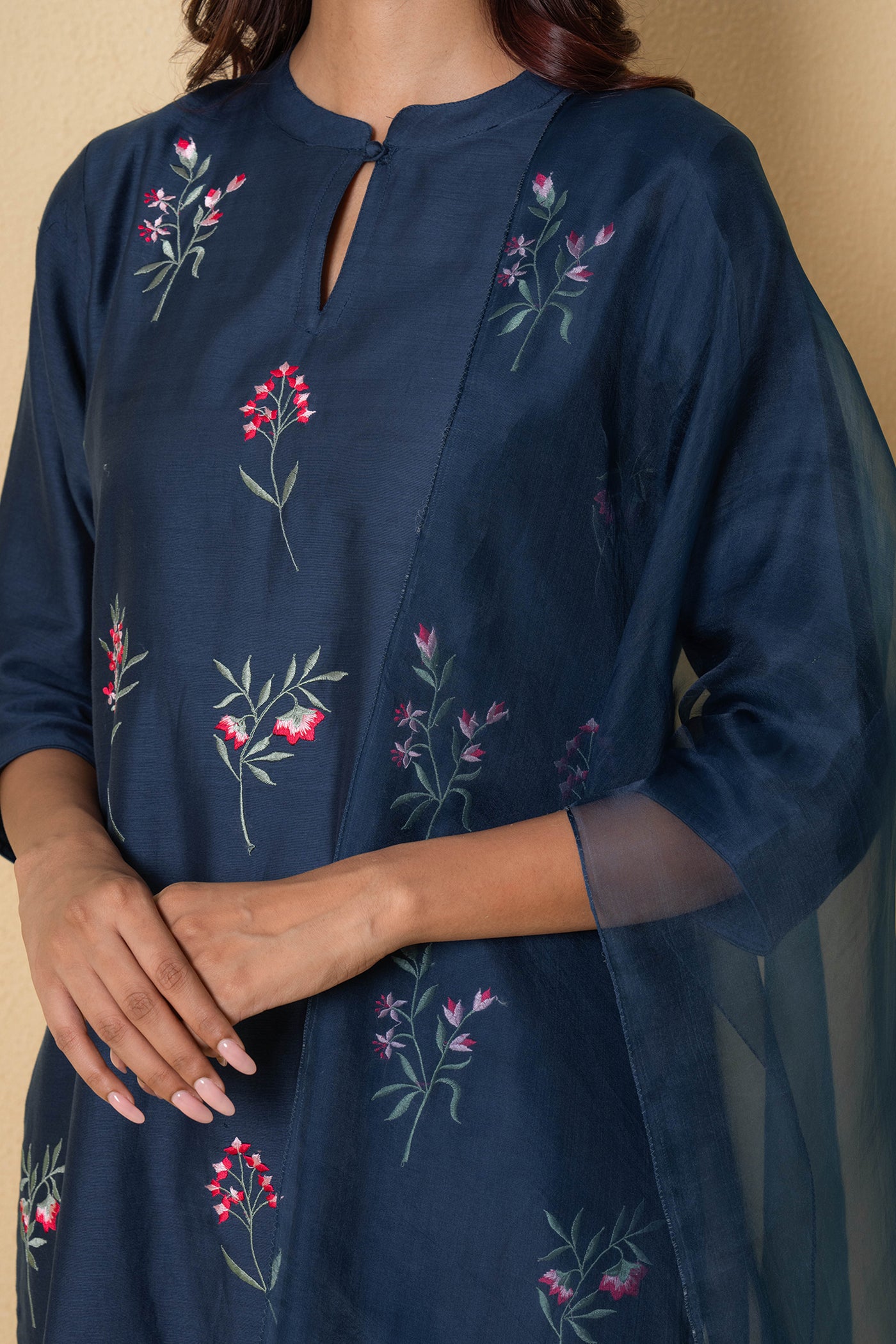 Blue Orchid Floral Embroidered Chanderi Suit Set