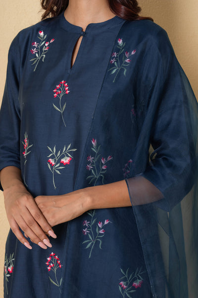 Blue Orchid Floral Embroidered Chanderi Suit Set