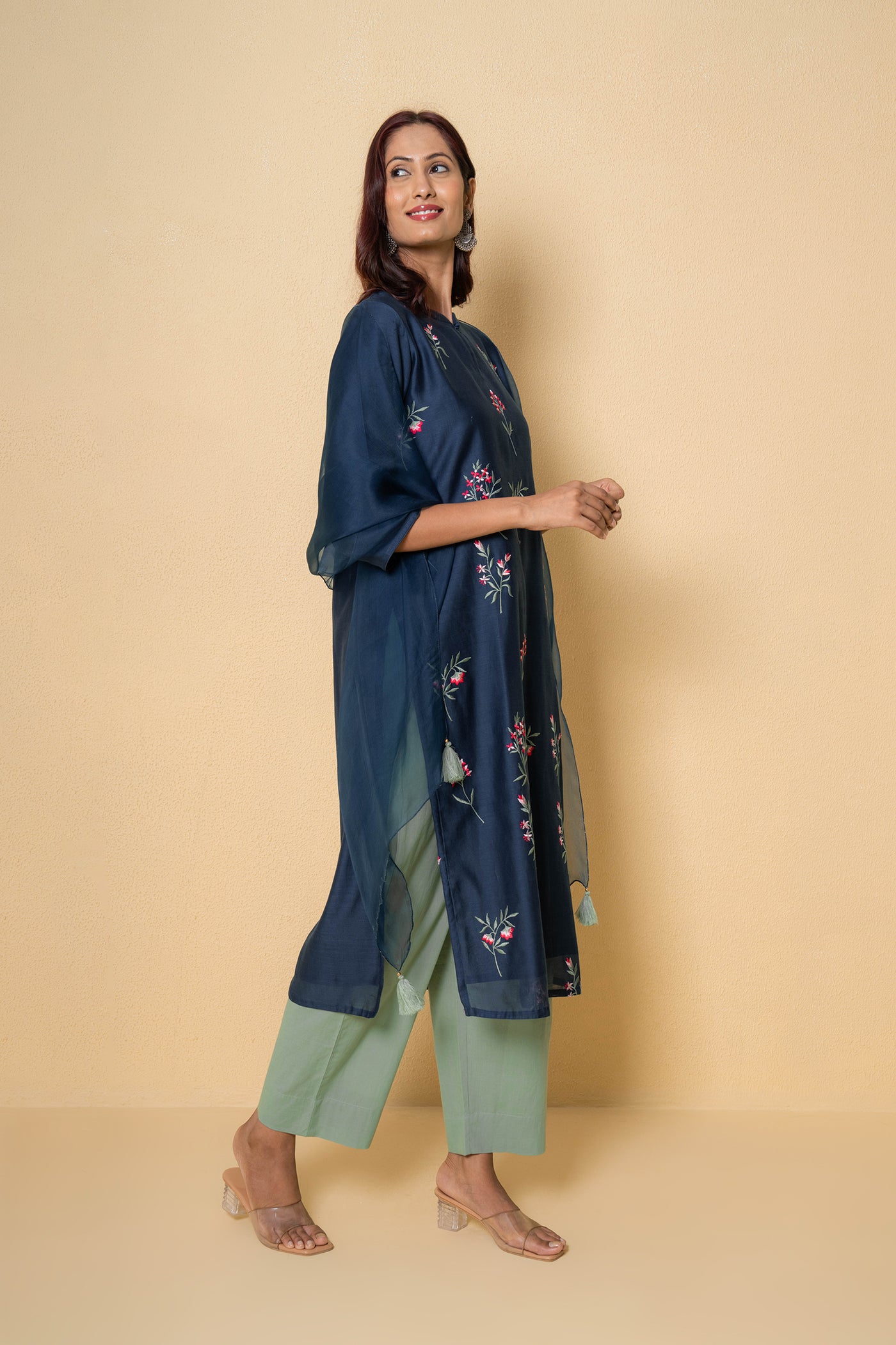 Blue Orchid Floral Embroidered Chanderi Suit Set