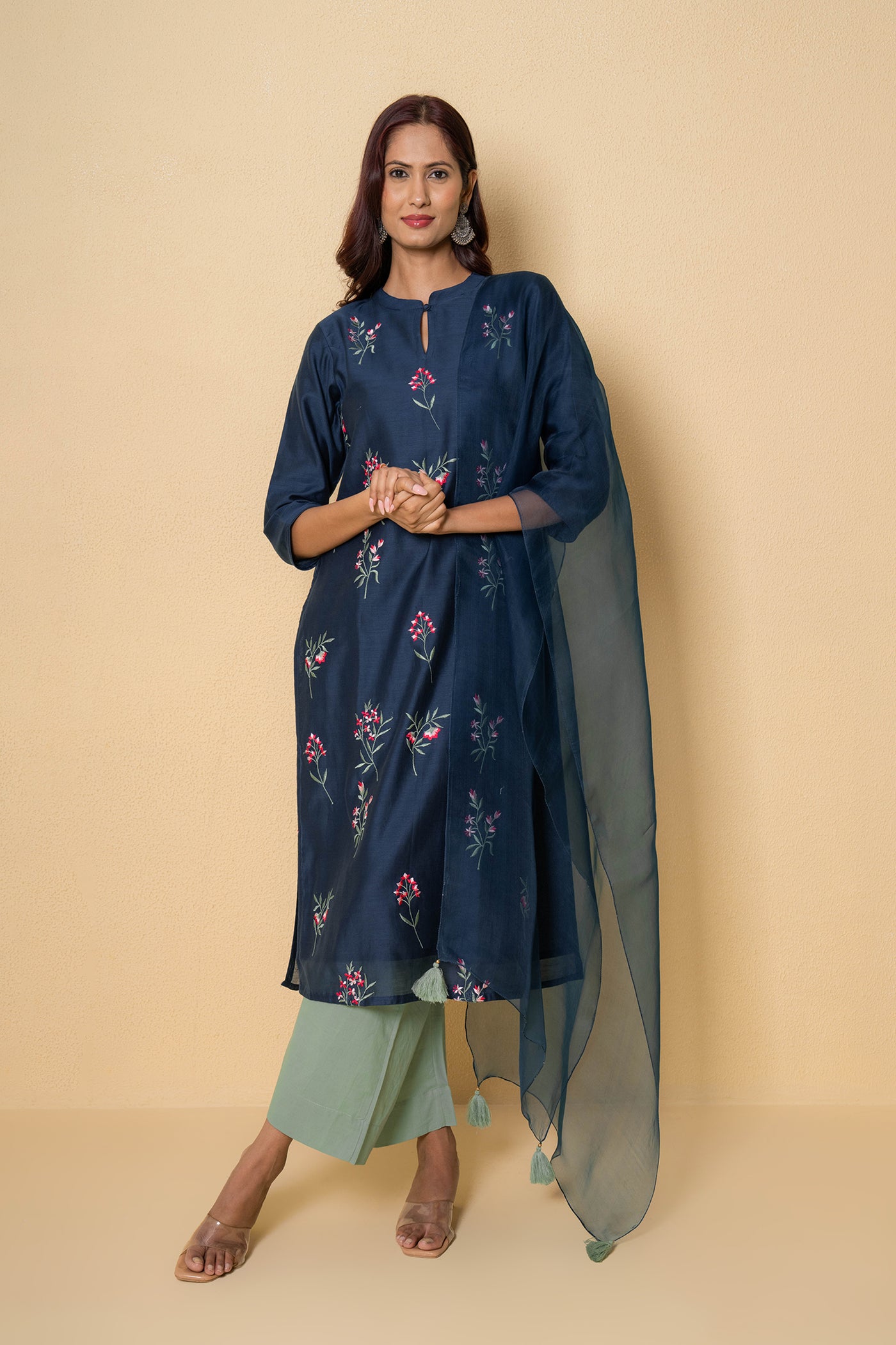 Blue Orchid Floral Embroidered Chanderi Suit Set