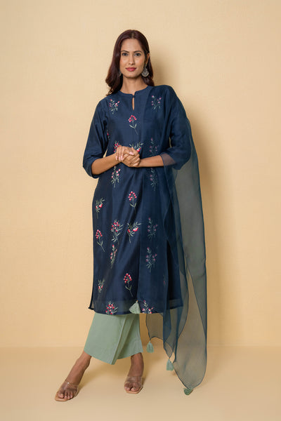 Blue Orchid Floral Embroidered Chanderi Suit Set