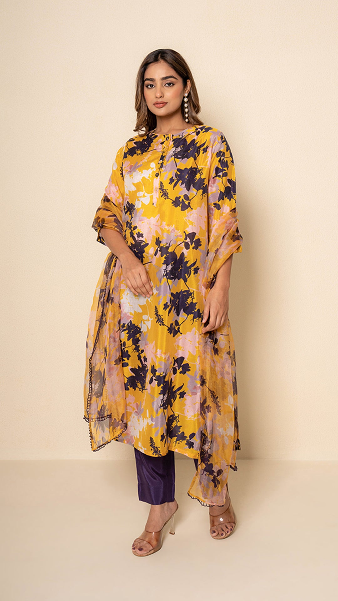 Golden Flora Digital Print Yellow Bamboo Silk Suit Set