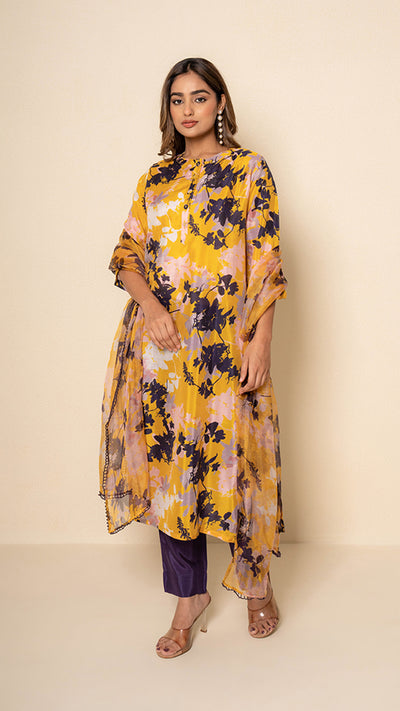 Golden Flora Digital Print Yellow Bamboo Silk Suit Set