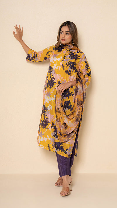 Golden Flora Digital Print Yellow Bamboo Silk Suit Set