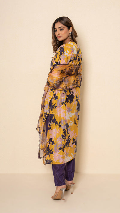 Golden Flora Digital Print Yellow Bamboo Silk Suit Set