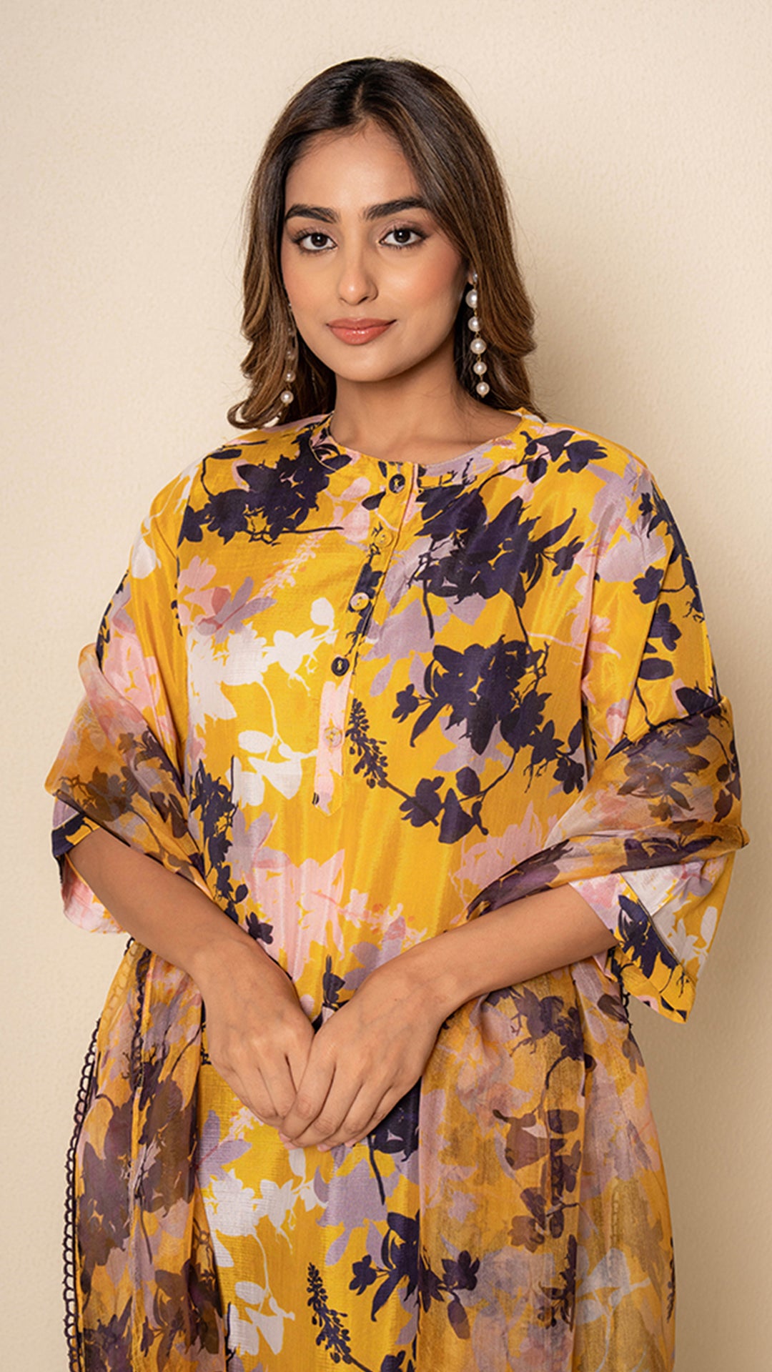 Golden Flora Digital Print Yellow Bamboo Silk Suit Set