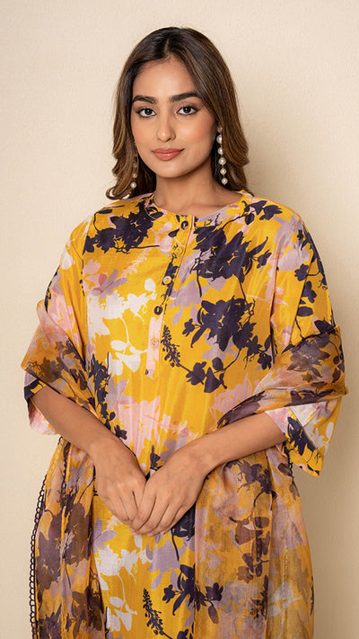 Golden Flora Digital Print Yellow Bamboo Silk Suit Set