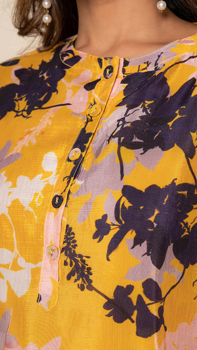 Golden Flora Digital Print Yellow Bamboo Silk Suit Set