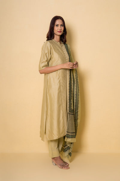 Pear Green Block Print Chanderi Suit Set