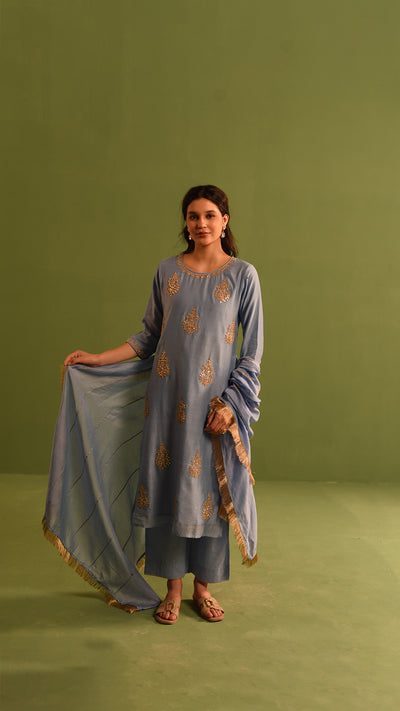 Blue Gray  Gota Patti Chanderi Suit Set