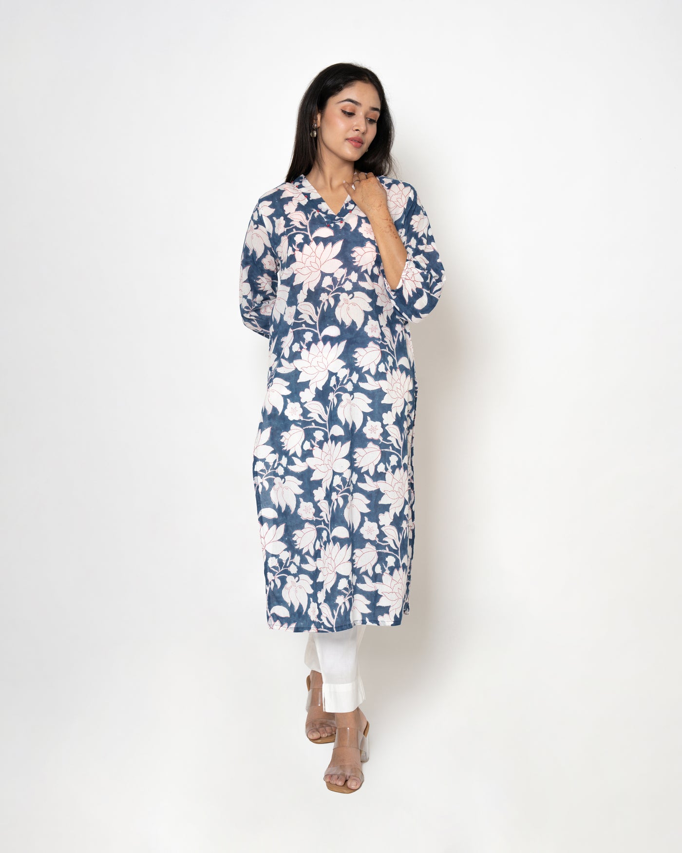 Indigo Petals Handblock Print Cotton Kurta Set