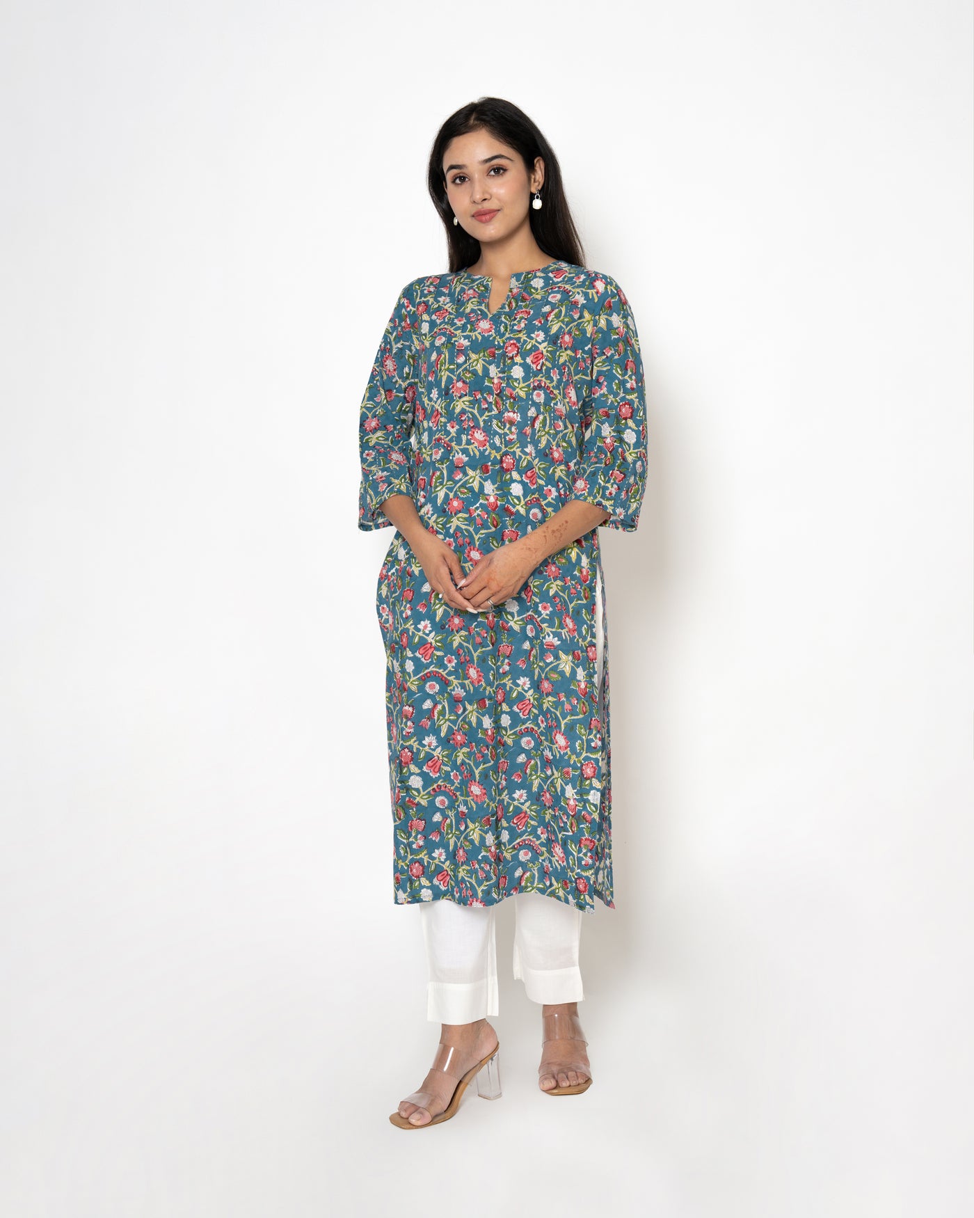 Flora Teal Handblock Print Cotton Kurta Set