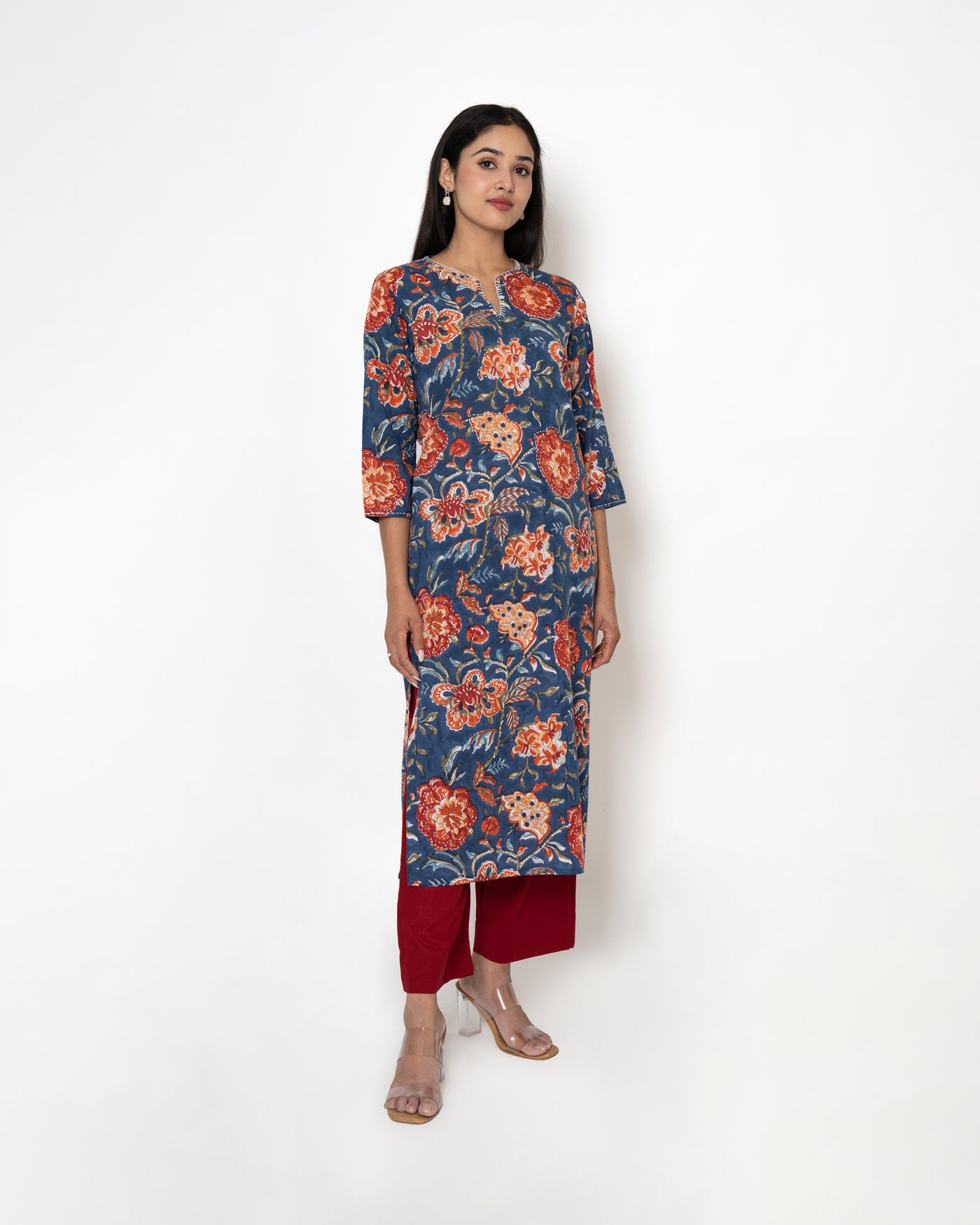 Floral Dawn Handblock Print Blue Cotton Kurta Set