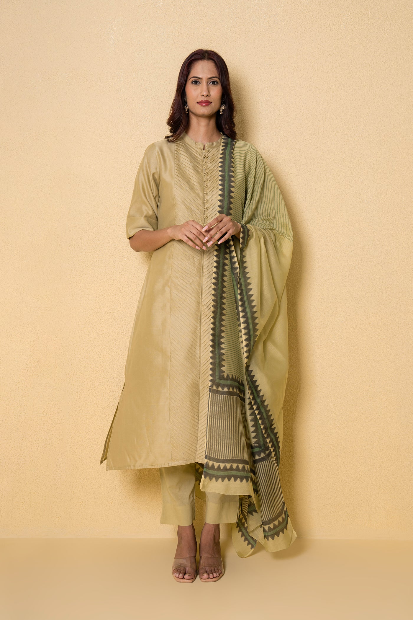 Pear Green Block Print Chanderi Suit Set
