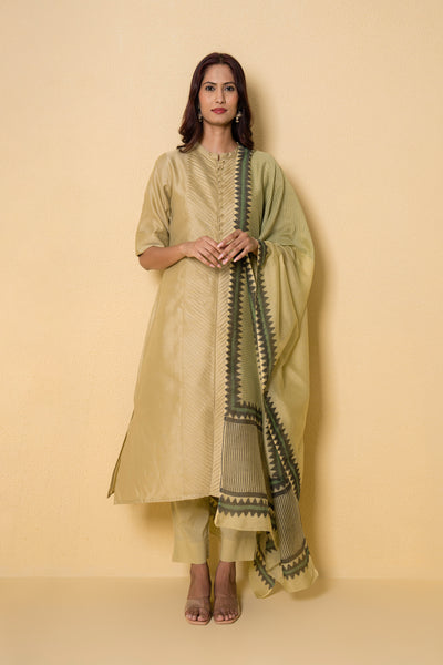 Pear Green Block Print Chanderi Suit Set