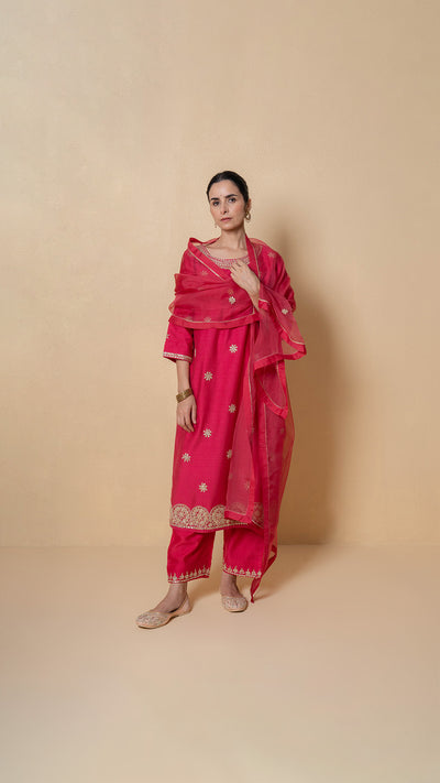 Cherry Dusk Marori Work Red Chanderi Suit Set
