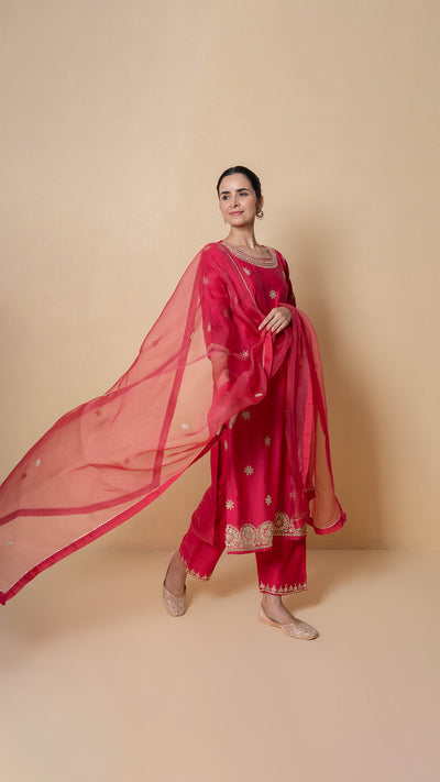 Cherry Dusk Marori Work Red Chanderi Suit Set