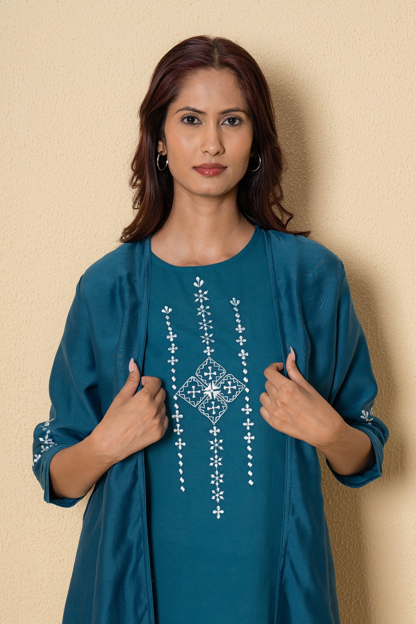 Ocean Dew Embroidered Blue Cotton Kurta Set