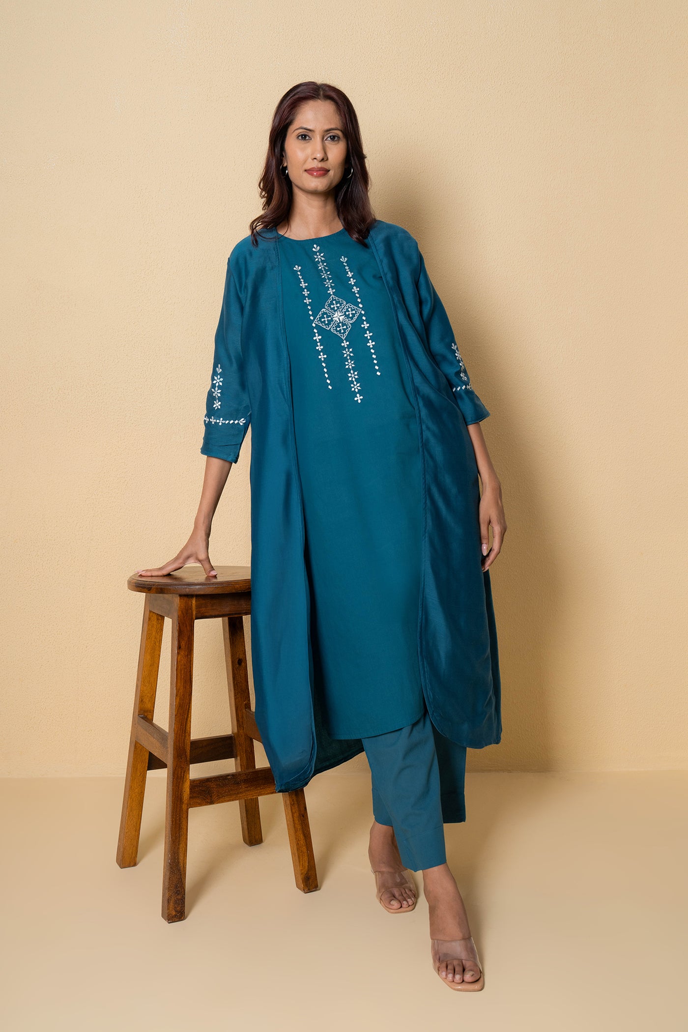Ocean Dew Embroidered Blue Cotton Kurta Set