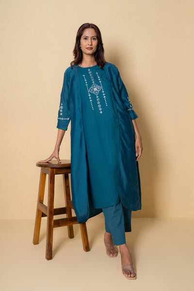 Ocean Dew Embroidered Blue Cotton Kurta Set