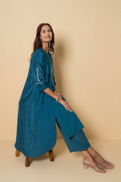 Ocean Dew Embroidered Blue Cotton Kurta Set