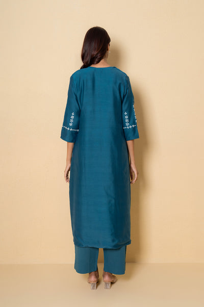 Ocean Dew Embroidered Blue Cotton Kurta Set