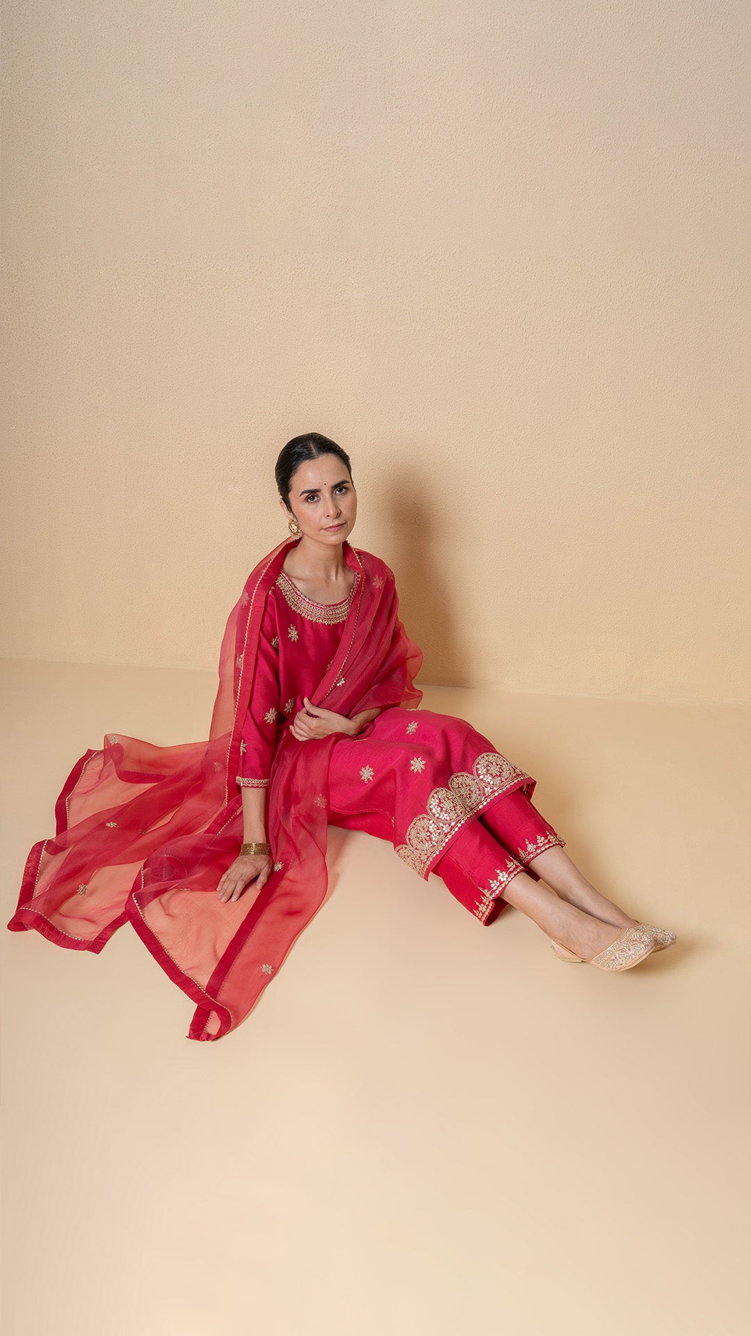 Cherry Dusk Marori Work Red Chanderi Suit Set