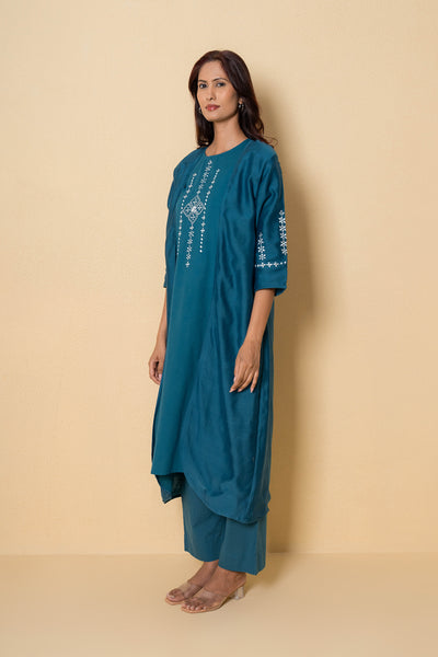 Ocean Dew Embroidered Blue Cotton Kurta Set