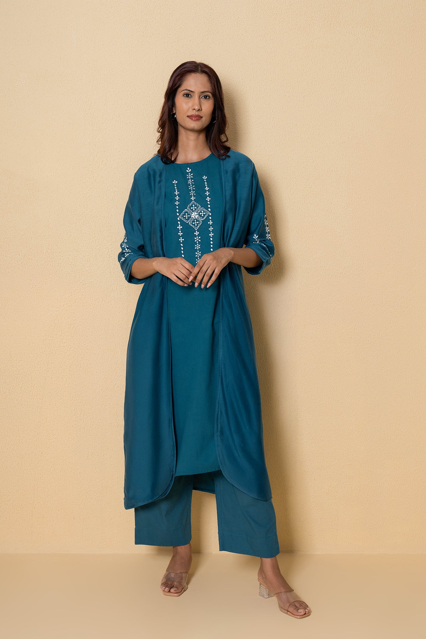 Ocean Dew Embroidered Blue Cotton Kurta Set