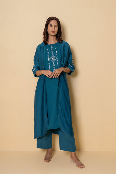 Ocean Dew Embroidered Blue Cotton Kurta Set